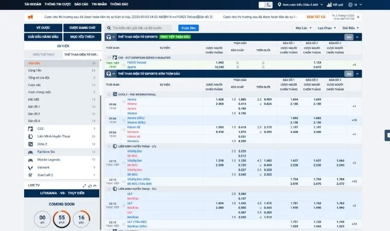 Bảng kèo cá cược Thể Thao Điện Tử Tại V7Bet